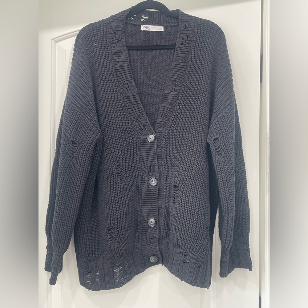 Zara Oversized Black Knot Cardigan Sweater with Rips Large
